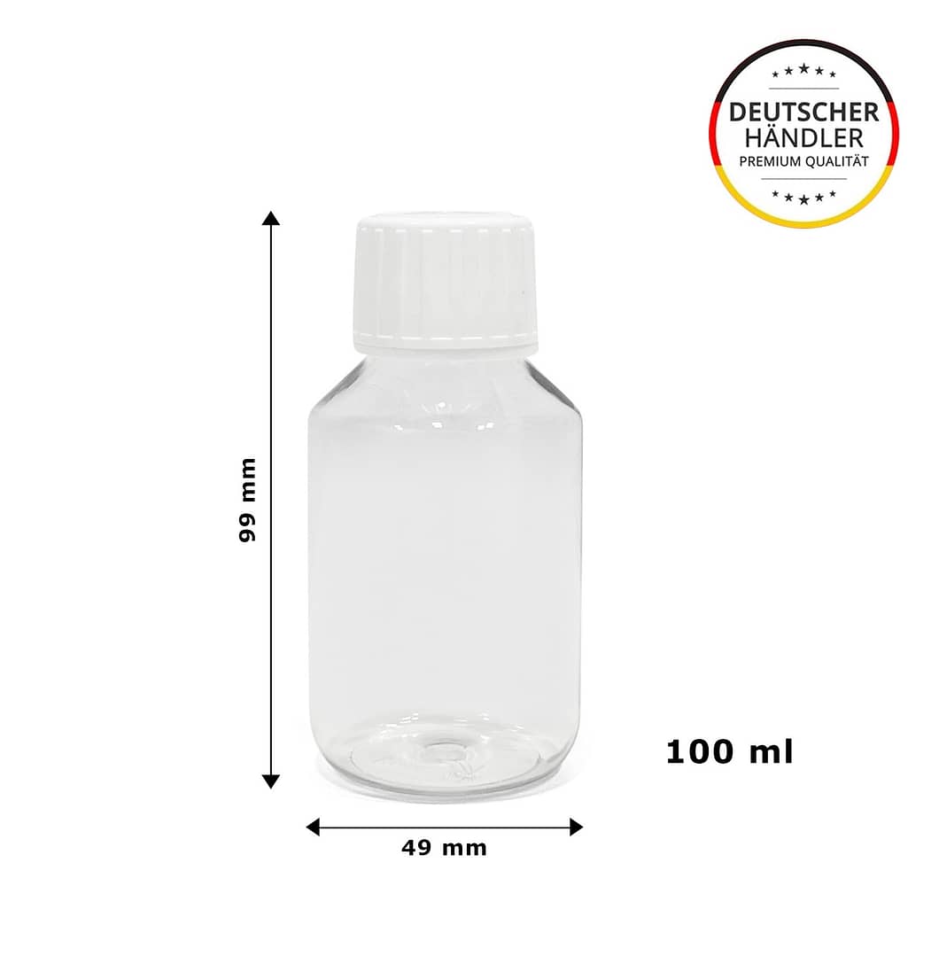 100ml PET transparent Apothekerflasche leer Kunststoffflasche Plastik Laborflasche Leerflasche Veralflasche -lebensmittelecht-